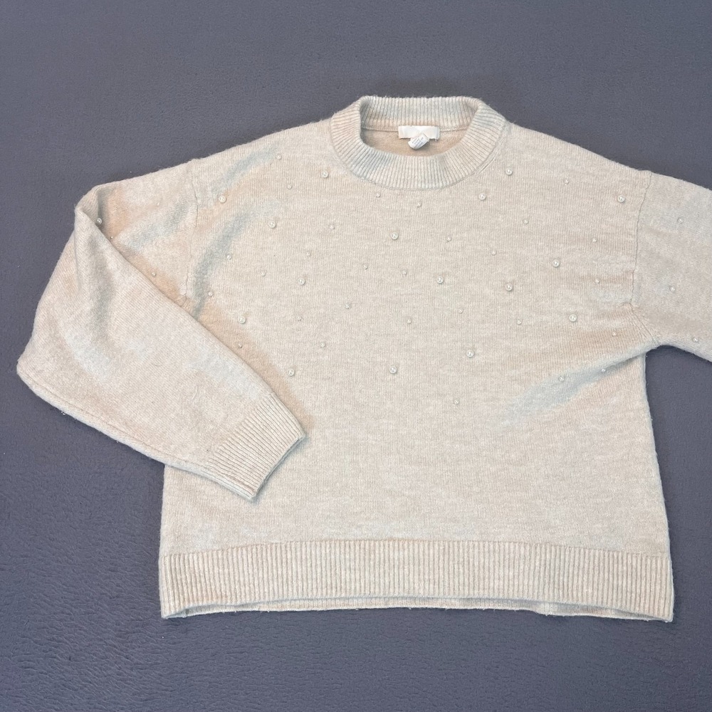H&M‎ Womens Small Sweater Pearl Accent Pullover Ivory Beige Embellished Holiday